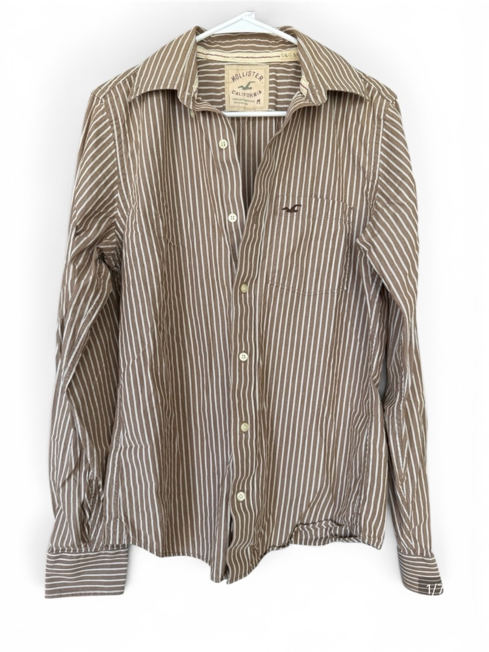Y2K Hollister Men’s Brown and White Vertical Stripe Button-Down Shirt